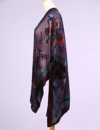 WeHello Women\'s Burnout Velvet Kimono Long Cardigan Cover Up with Tassel (Burgandy Flower)