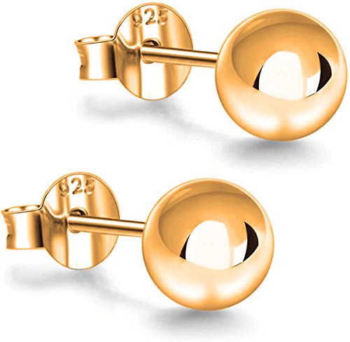 Savlano 925 Sterling Silver 18K Gold Plated Ball Stud Earrings For Women & Men (Yellow, 10mm)
