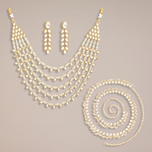 Image of Peora Faux Pearl Kundan Layered Necklace & Jewellery Set Gift for Women