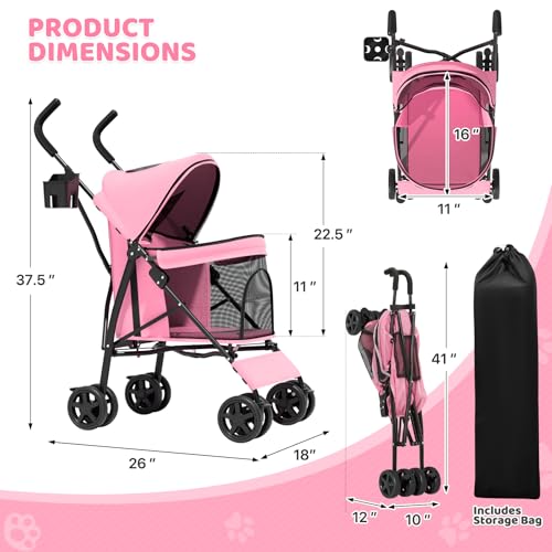 Image of Magshion Compact Fold Pet Travel Stroller for Small Dogs Cats, Pink | Up to 22lbs, 4-Wheel Lightweight Umbrella Shaped Design, Safety Tethers, Breathable Mesh, Cup Holder & Rear Storage