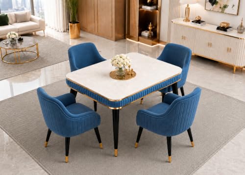 Image of WOODEN SPACE 4 Seater Wooden Dining Table Set | Urban Marble Top Dining Table with Chairs for Dining Room & Kitchen (Modern Zyro Blue) (54 x 36 x 30 inch)