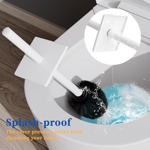 Image of RUACQ Toilet Brush and Holder Set, Square, White | SUS304 Stainless Steel Handle, Toilet Cleaner Brush with Durable Scrubbing Bristles, Splash-Proof