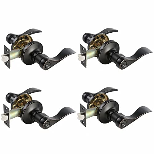 4 Pack Oil Rubbed Bronze Entrance Wave Door Knobs with Lock and Keys Door Handles Lever Sets, Left/Right Hand Reversible, Door Lever for Front/Exterior/Indoor/Outdoor (Keyed Alike)