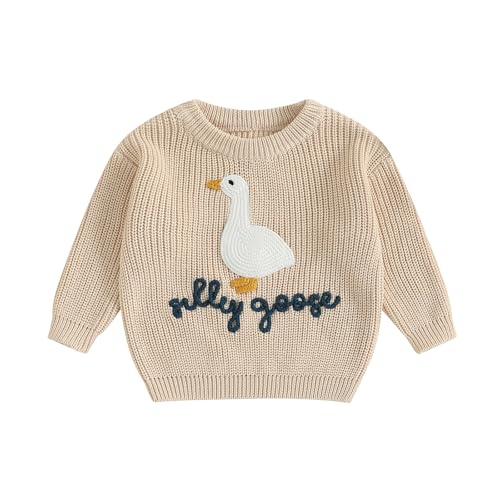 Image of Toddler Baby Boy Girl Goose Outfit Silly Goose Embroidered Crewneck Long Sleeve Sweater Chunky Knit Fall Winter Tops