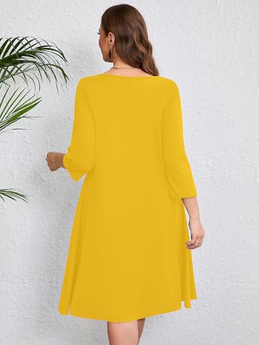 Image of AusLook Women's Plus Midi Dresses Crew Neck A Line 3 /4 Sleeves Casual Elegant Loose Wedding Vacation Dress with Pockets