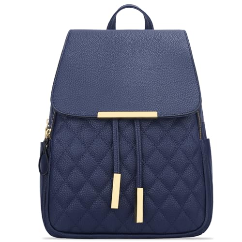 Image of KKXIU Quilted Trendy Leather Backpack Purse for Women and Ladies Shoulder Travel Daypacks Bags (Navy)