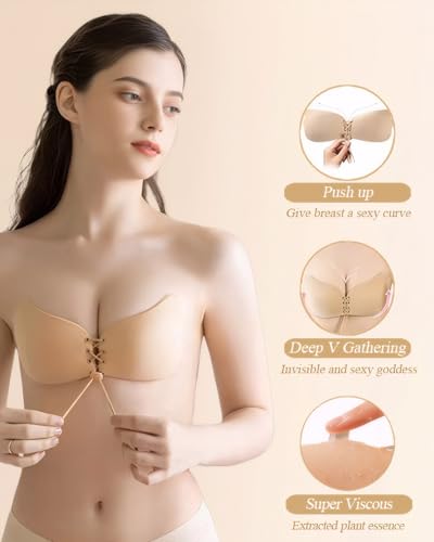 Sticky Bra Strapless Adhesive Invisible Push Up Lift Bras 2 Pair Reusable for Women Backless Dress Black and Nude2