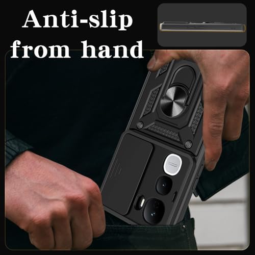 Image of SPAZY CASE Vivo Y400 Pro Back Cover | Heavy Duty Hybrid Case with 360 Degree Rotating Finger Ring Holder + Slider Shutter Camera Protection Case for Vivo Y400 Pro - Black