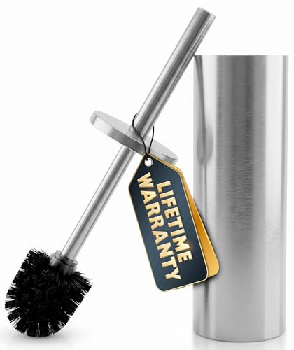 Stainless Steel Toilet Brush and Holder Set - Free-Standing Toilet Bowl Brush and Holder with Removable Inner Bowl Splash Cover Sturdy Bristles Corrosion & Scratch Resistant - Modern Toilet Design