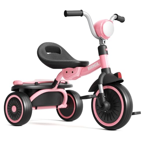 KORIMEFA Kids Tricycles for 1-3 3-5 years old, Toddler Gift Trike with Storage Basket, Boys Girls Bike with Adjustable Seat & Night Reflector, Balance Training Bicycle, Kids Toy Outdoor Indoor