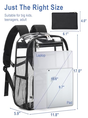 Image of Heavy Duty Clear Backpack For Kids Women Men Boys Girls, 17 Inch Large See Through Backpack, Clear Bookbag With An Extra Pouch Accessories, Transparent Bag For School College Sport Work, Black