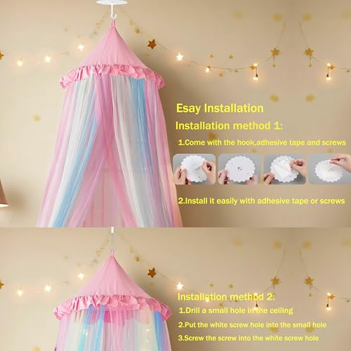 Image of Pink Rainbow Bed Canopy Twin Size Breathable Canopy Bed Curtain for Bed,Princess Play Tent for Girls Bedroom Decoration Reading Nook