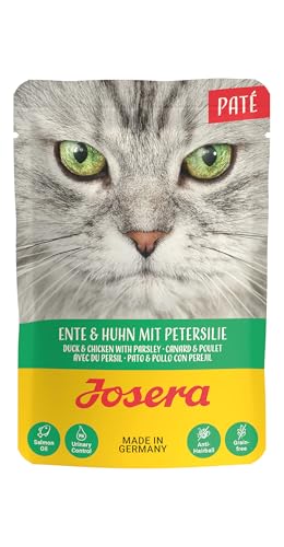 JOSERA Paté Ente & Huhn mit Petersilie (16 x 85 g) | Adult | Premium Nassfutter für ausgewachsene Katzen | Pastete Ente & Huhn | Lachsöl | getreidefrei | Katzenfutter nass im Frischebeutel |16er Pack