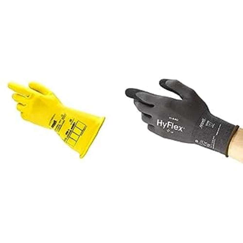 ActivArmr E014Y Guantes Aislantes Dieléctricos, Class 0 (Tensión 1000V),Amarillo, Talla XL (1 Par) + HyFlex 11-840 Guantes de Trabajo , Revestimiento de Nitrilo Antideslizante, Negro, Talla XL (1 Par)