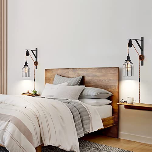 Image of Plug in Pendant Light, Farmhouse Pulley Wall Lamp with 7-Foot Brown Plug in Cord & Switch, Industrial Hanging Lamps that Plug into Wall Outlet