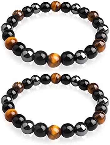 Thboxes Tiger Eye Beads Bracelets, 2 Pcs 8mm Triple Protection Natural Black Obsidian Hematite Beads & Tiger Eye Beads Bracelet Unisex
