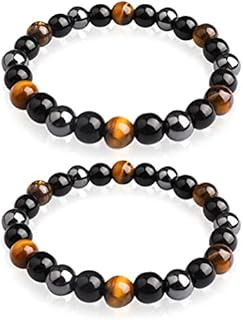 Thboxes Tiger Eye Beads Bracelets, 2 Pcs 8mm Triple Protection Natural Black Obsidian Hematite Beads & Tiger Eye Beads Bracelet Unisex