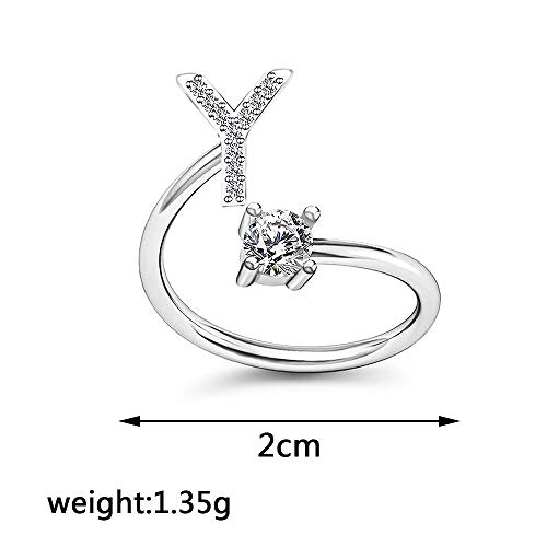 Image of HUJUON Silver Initial Letter Ring for Women. Adjustable Crystal Alphabet Ring,Name Initials Stackable Knuckle Rings A-Z CZ Open Ring