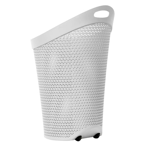 100L Laundry Basket with Wheels - Large Plastic Wheeled Washing Basket with Handle - Heavy-Duty Rattan Laundry Trolley Hamper Clothes Storage Organiser for Bedroom & Bathroom – White, 100 Litre