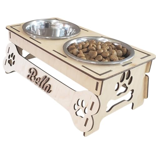 Porta Ciotole Rialzato per Cani e Gatti in Legno Personalizzabile con Nome, Supporto con Due Ciotole in Acciaio Inox