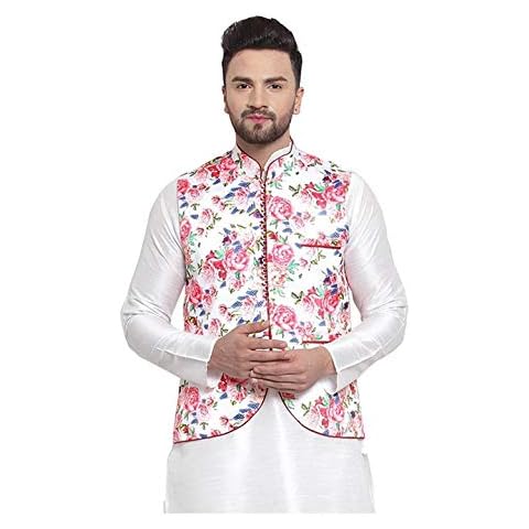 ELINA FASHION Men's Indian Satin Nehru Jacket || Printed Bandhgala Jodhpuri Sleeve Less ONLY Waistcoat, Multi 5, XL Cover