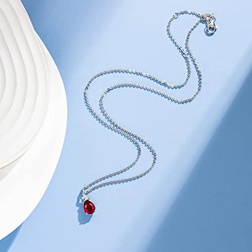 Fancime Mother's Day Gifts 14K Solid White Gold Pendant July Birthstone Jewelry Created Ruby Gemstone Necklace Pear Shaped Teardrop Gifts For Mom Women, Sterling Silver Chain 16" + 2" Extender #TOP4
