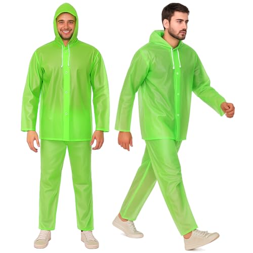 Image of Pivalo EVA Rainsuit Set 75 GSM with Adjustable Hood Full Sleeves Lightweight Raincoat with Pants waterproof Reusable Outdoor Travel Rainwear for Bike Riders Men (Pack of 1, Neon Green)