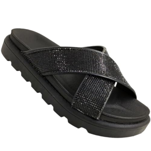 Rasteira Vizzano Flatform Papete Feminina Tira Larga Strass (37, Preto)