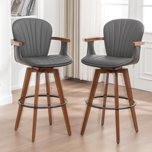 Image of LUNLING 26 inch Counter Height Bar Stools Set of 3,Mid Century Modern Bar Stools,Black PU Leather Kitchen Island Stools,Wood High Barstools Swivel with Back and Arms for Home Bar
