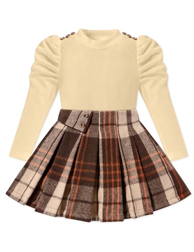 Image of Fuermos Toddler Girl Clothes Puff Sleeve Top and Pleated Girls Plaid Skirt Set 2PCS Girls Outfits Fall Winter