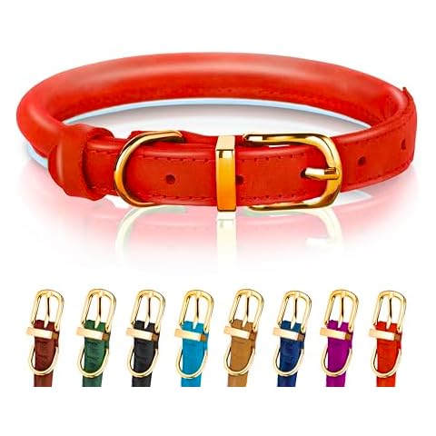 OOPSDOGGY Reflective Rolled Leather Dog Collar for Small Medium Large Dogs Puppy, 8 Colors, 7 Sizes (S, 10"-13", Red) Cover