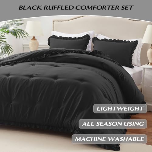 Image of HARBOREST Full Comforter Set Black - Ruffle Bedding for All Seasons, 3 Pieces Shabby Chic Set (1 Comforter & 2 Pillow Shams)