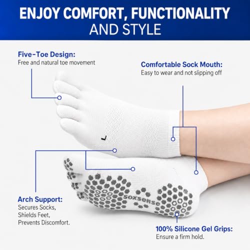 Image of Soxsense Soccer Grip Toe Socks, Non-Slip Socks for Sports & Pilates | Individual Five-Toe Design, Non-Slip Grip Sole, Supportive Arch Fit, Breathable Mesh Ventilation
