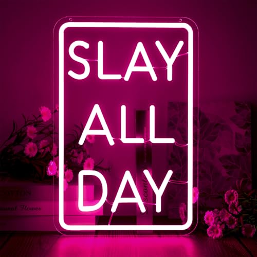 Image of Slay All Day Neon Sign Dimmable Neon Signs for Wall Decor Pink LED Signs USB Light Up Sign Room Decor for Teen Girl Preppy Bedroom Living Room Y2K Coquette Cool Downtown Teenage Girl Room Decoration