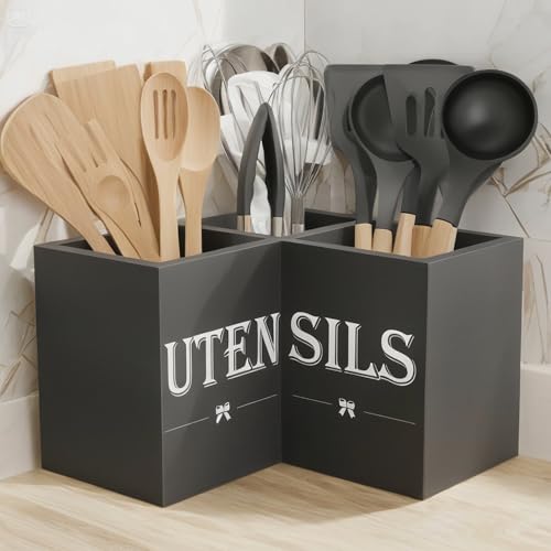 Image of Suli Extra Large Kitchen Utensils Holder with 3 Compartments,Corner Utensil Caddy for Countertop,Wooden Utensil Organizer for Kitchen Countertop, Farmhouse Decor- Black