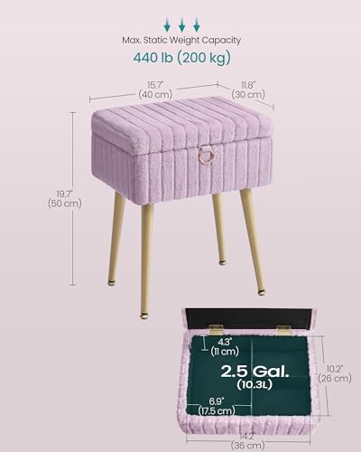 Image of SONGMICS Vanity Stool Chair Faux Fur with Storage, Vanity Bench, Metal Legs, Adjustable Feet, for Living Room, Bedroom, Makeup Room, Light Lilac ULOM505PZ02