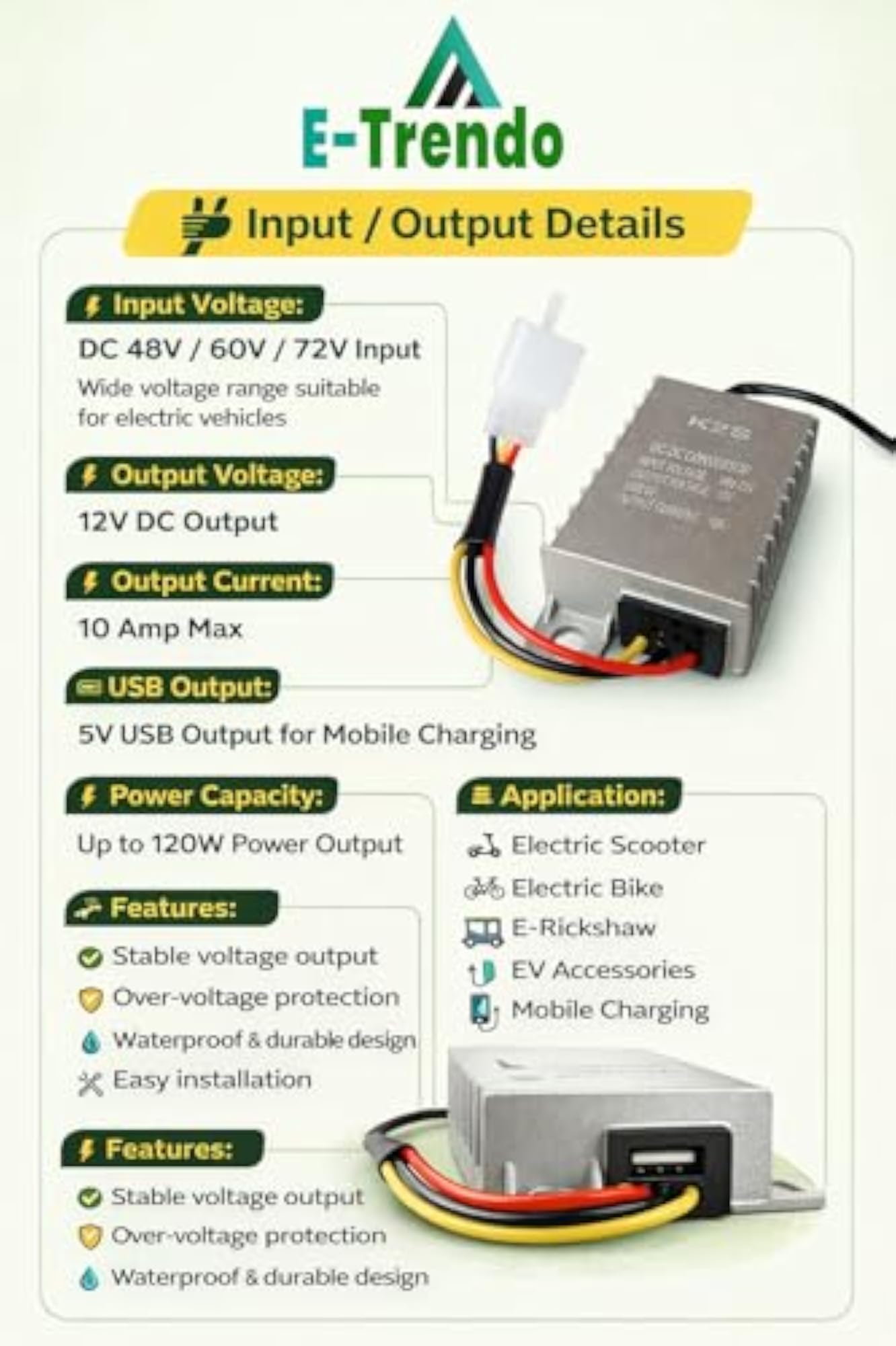 E-Trendo DC to DC Waterproof Converter 48V to 12V