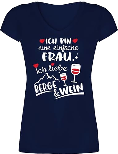 T-Shirt Damen V Ausschnitt - Skiurlaub Apres Ski - Einfache Frau - Berge & Wein - weiß - L - Dunkelblau - skishirts Skifahrer weinliebhaber Tshirt Women's après-ski Party Outfit skioutfit Shirt