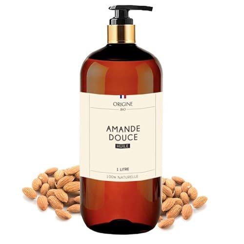 Origine - Huile d'Amande Douce 1 Litre - Marque Française - Excellente Qualité Pressée à Froid - Flacon Pompe - 100% Naturelle Huile Amande Douce Cheveux - Peau Corps Visage Massage Vergeture