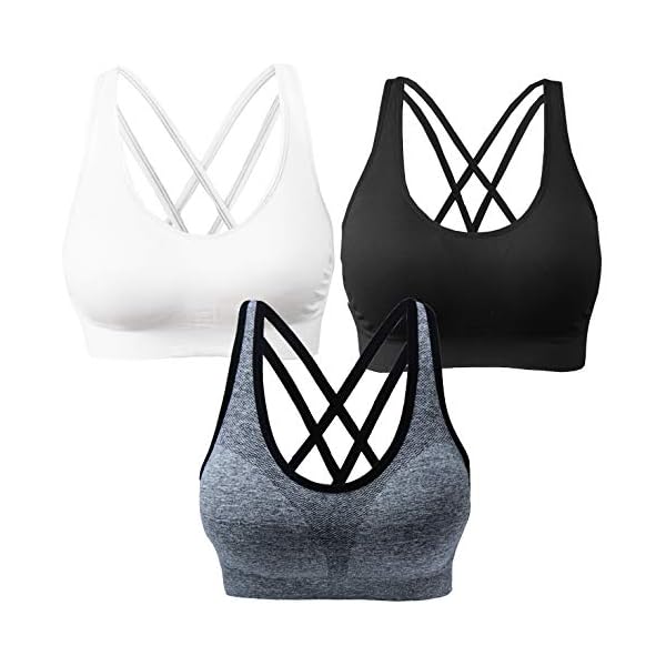 AKAMC-3-Pack-Womens-Medium-Support-Cross-Back-Wirefree-Removable-Cups-Yoga-Sport-Bra AKAMC Women's Medium Support Cross Back Wirefree Removable Cups Yoga Sport Bras, Pack of 3, Black/White/Grey,Large