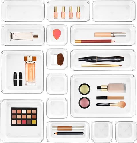 Image of Clear Plastic Drawer Organizers Set, 4-Size Versatile Bathroom and Vanity Drawer Organizer Trays, Storage Bins for Makeup, Bedroom, Kitchen Gadgets Utensils and Office (16 PC SET)
