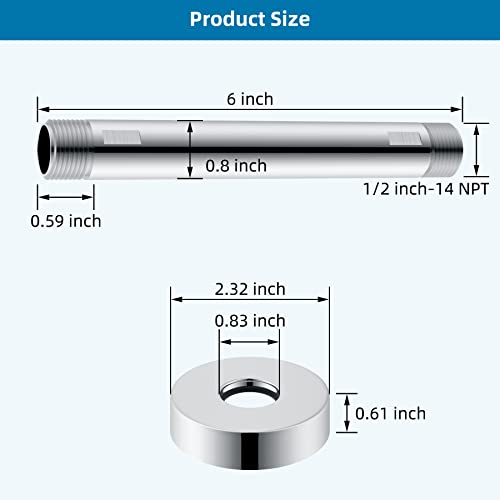 Hibbent All Metal Ceiling Mounted Shower Arm, 6 Inch Shower Head Extension Arm With Flange, Stainless Steel Straight Shower Arm For Fixed High Pressure Rain Shower Head, Shower Head Extender, Chrome #TOP4