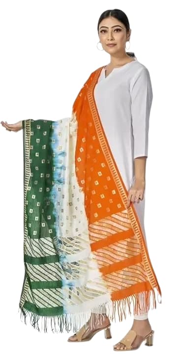 Vlazom Women’s & Girls’ Tricolor Tiranga Dupatta – Art Silk Cotton, 2.25m | Saffron-White-Green Chunni for Republic Day, Independence Day, Festivals & Cultural Events-image-3