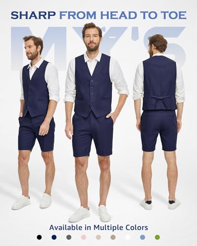 MY'S Men’s 2-Piece Linen Vest Pants, Lightweight Waistcoat Shorts, Casual Beach Summer Wedding Prom Homecoming Outfit2