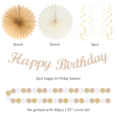 Image of Beige Champagne Rose Gold Women-Girls Birthday Decorations - 21pcs Fall Boho Party Happy Banner, Peach Streamers,Paper Lanterns,Pom Poms Fans 16th 18th 20th 21st 30th Birthday Rustic Backdrop Huglony