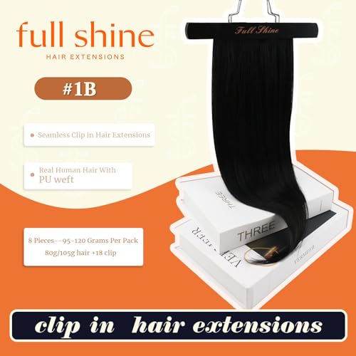 Image of Full Shine Clip in Hair Extensions Human Hair, Natural Black 22 Inch | Seamless Clip Ins, 120g 8 Pcs, Invisible Ultra-Thin Weft, Adds Length,Lightweight, Waves and Curls, Party Styling