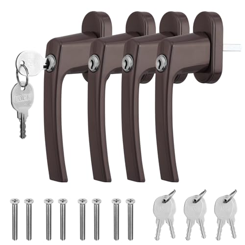 GETLITOOL Lot de 4 poignées de fenêtre verrouillables en Aluminium avec clés - Longueur de la Tige : 35 mm - Sécurité Enfant - pour Porte de fenêtre - Sécurité de la Maison - Marron