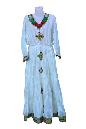 Ethiopian/Eritrean Traditional Habesha (kemis) Dress with Tilet (የሐበሻ የሐገር ባህል ልብስ). White3