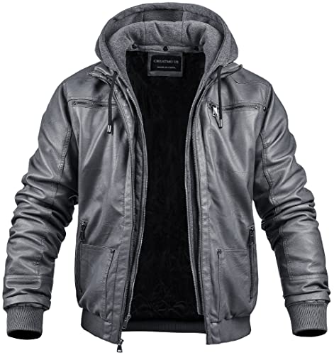 Creatmo Us Leather Jacket With Hood Biker Jacket Men Vintage Removable Hooded Slim Motorcycle Faux Leather Bomber Jacket Grey 2Xl #TOP6