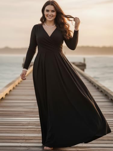 Image of KOH KOH Womens Long Sleeve V-Neck Flowy Modest Elegant Evening Maxi Dress